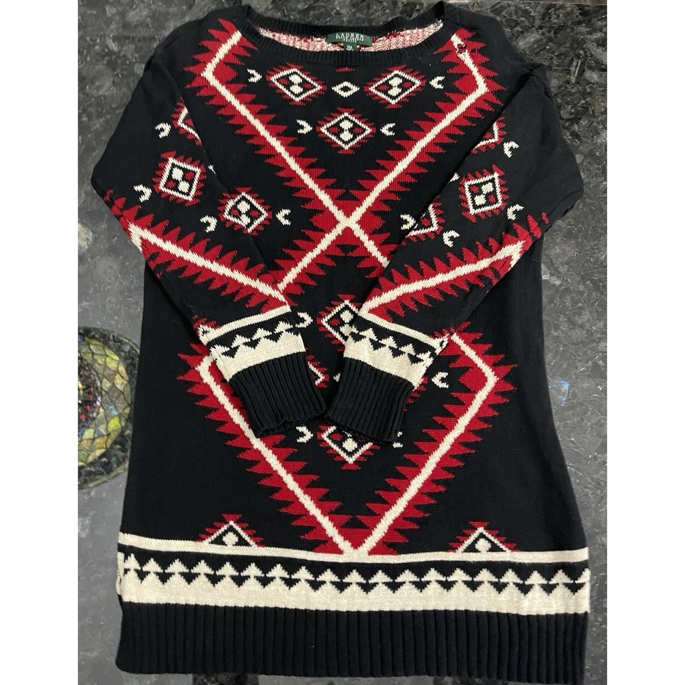 Lauren Ralph Lauren Petite Medium Long Tunic Sweater Southwest Aztec Geometric - Picture 7 of 16